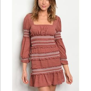 Storia Smocked Long Sleeve Mauve Ruffle Dress NWT